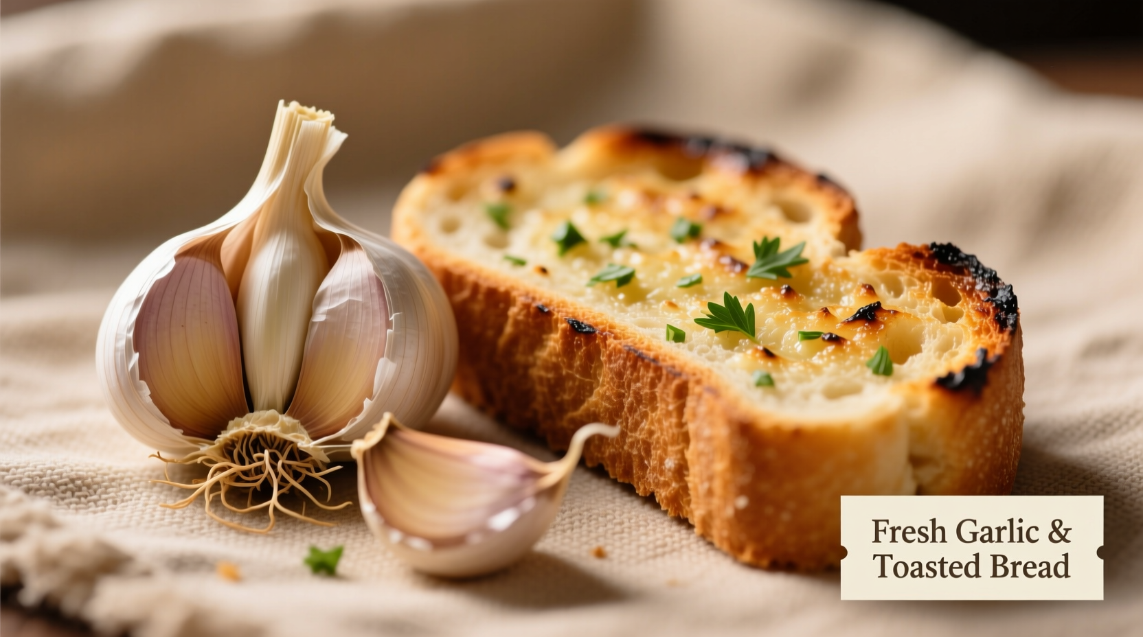 Fresh garlic cloves next to sliced garlic bread