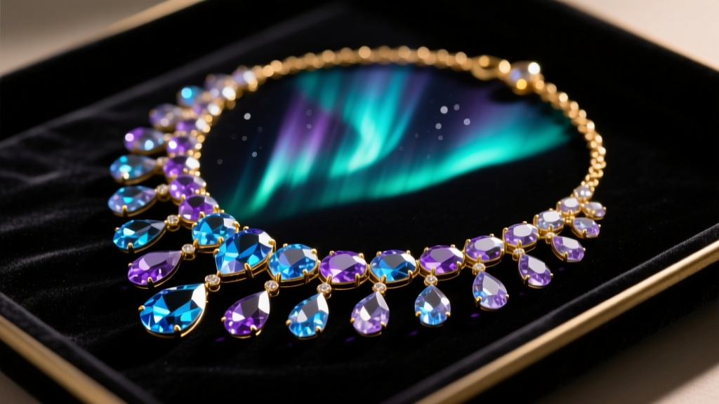 Restored 1950s aurora borealis vintage crystal necklace laid flat on a dark velvet tray under warm directional lighting