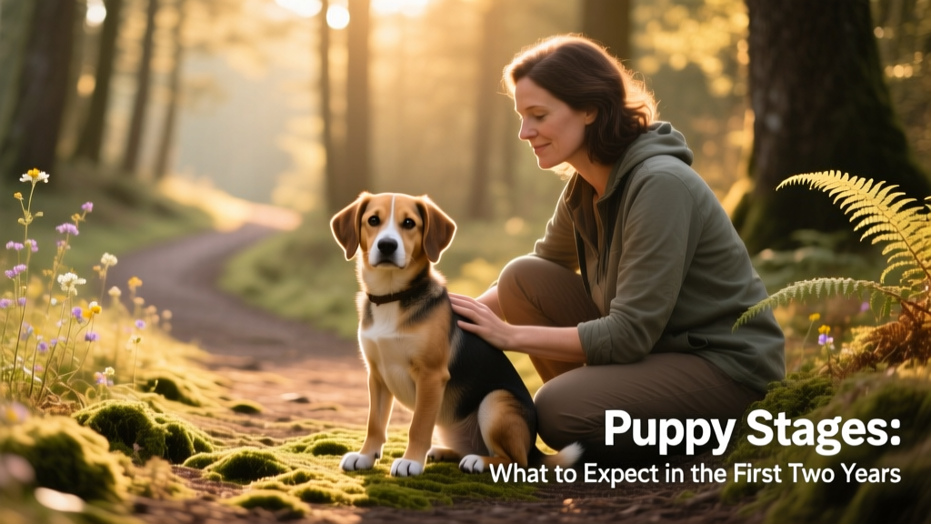 One-year-old dog sitting calmly beside their owner on a sunlit trail