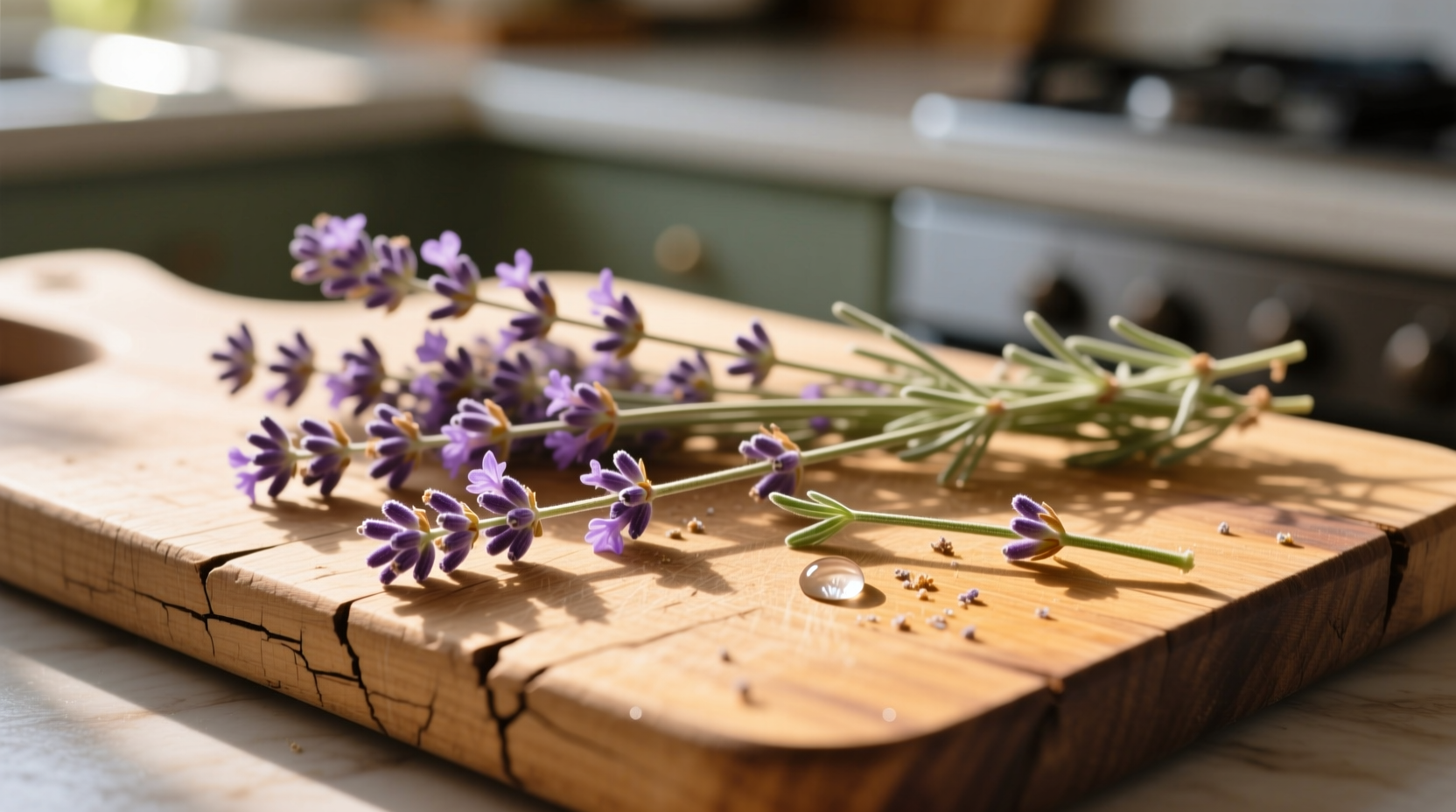 Fresh lavender sprigs on wooden cutting board