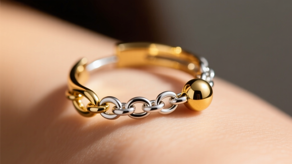 Close-up of mixed-metal ear cuff with gold and silver accents, bridging silver chain and gold stud, warm skin tone, daylight.