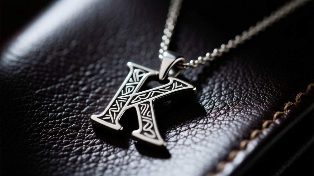 Close-up of a weathered silver K pendant necklace on dark leather, moody lighting, highlighting engraved details and slight patina.