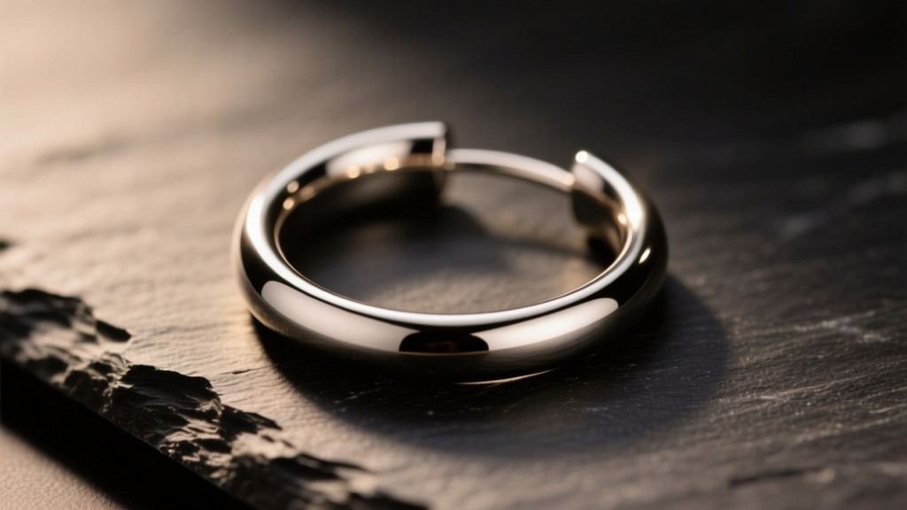 Macro shot of a 16-gauge 14mm continuous titanium hoop earring on dark slate under soft, warm directional studio lighting setup.