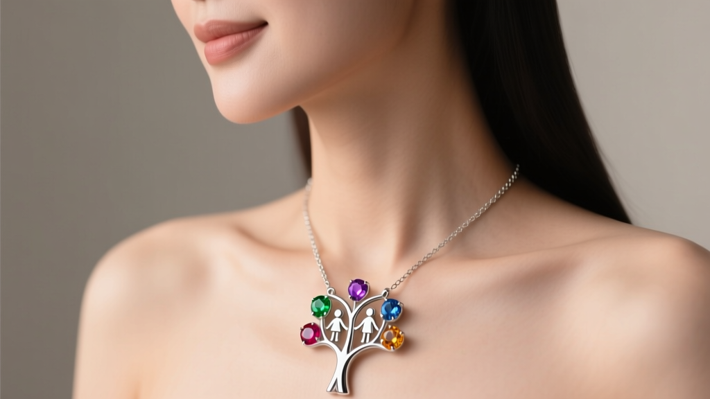 Side profile of a mother wearing an 18-inch sterling silver family tree pendant with five tiny colorful birthstone crystals