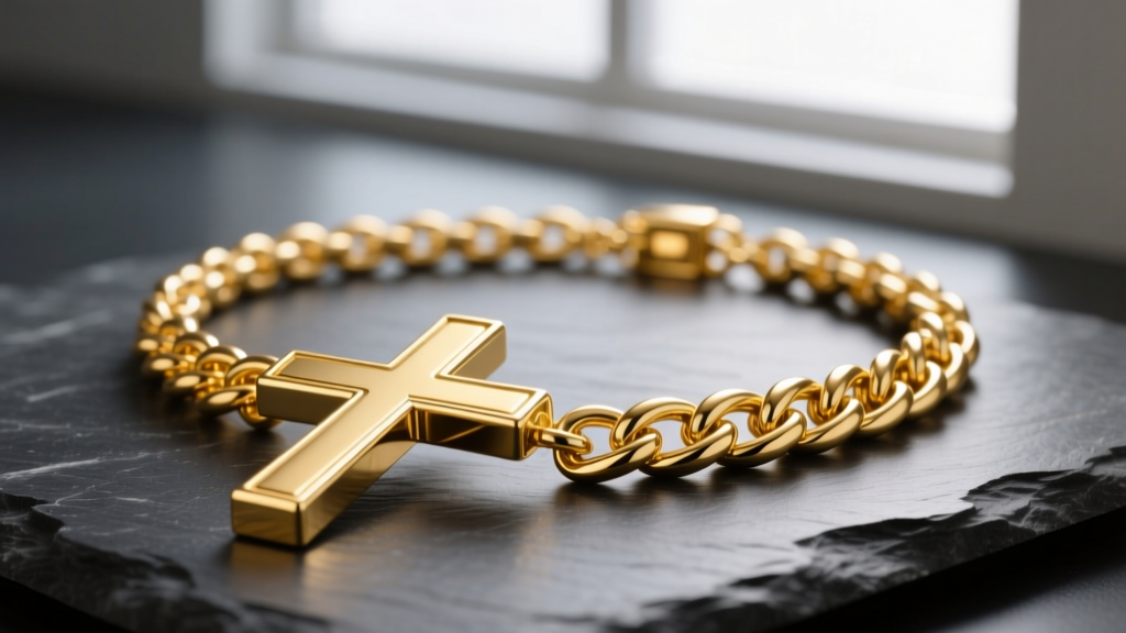 A solid 18k yellow gold thick cross necklace resting on dark slate, showcasing a 10mm wide arm and heavy 5mm Cuban link chain.
