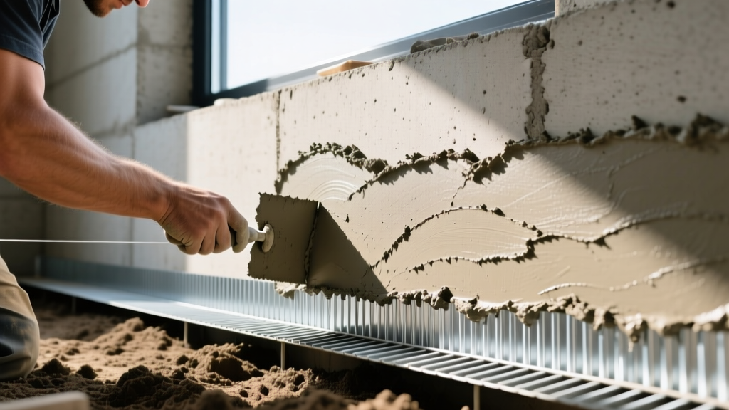 Mason troweling mortar scratch coat over galvanized lath on a concrete foundation wall, featuring a metal weep screed above the soil grade