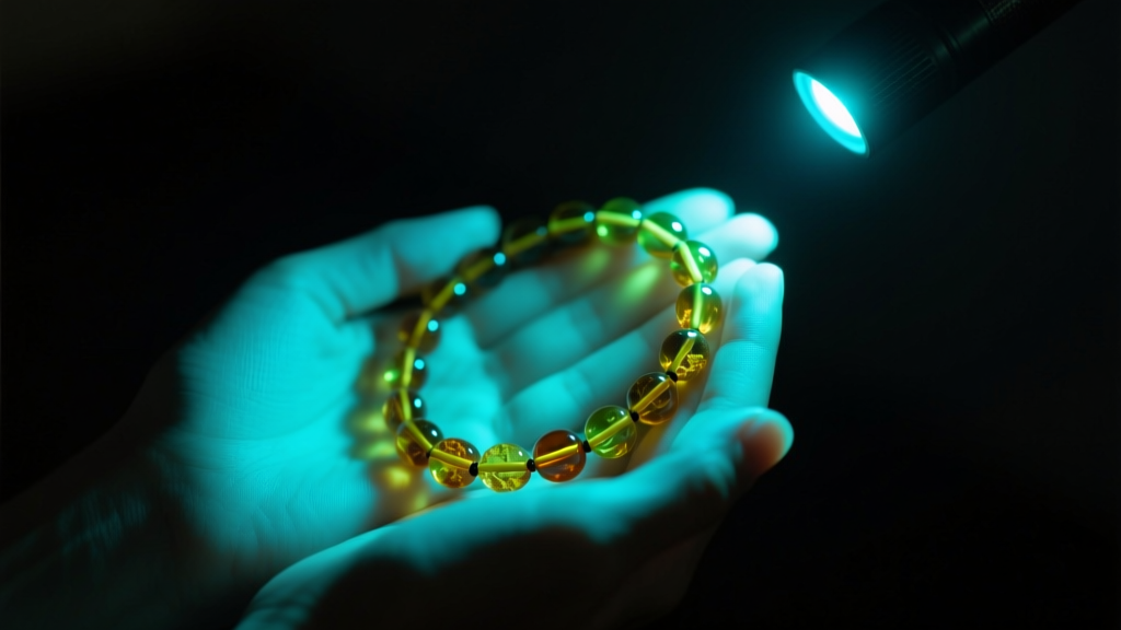 Hands holding a UV flashlight over an amber bead necklace, revealing a bright blue-green glow in a dark room.