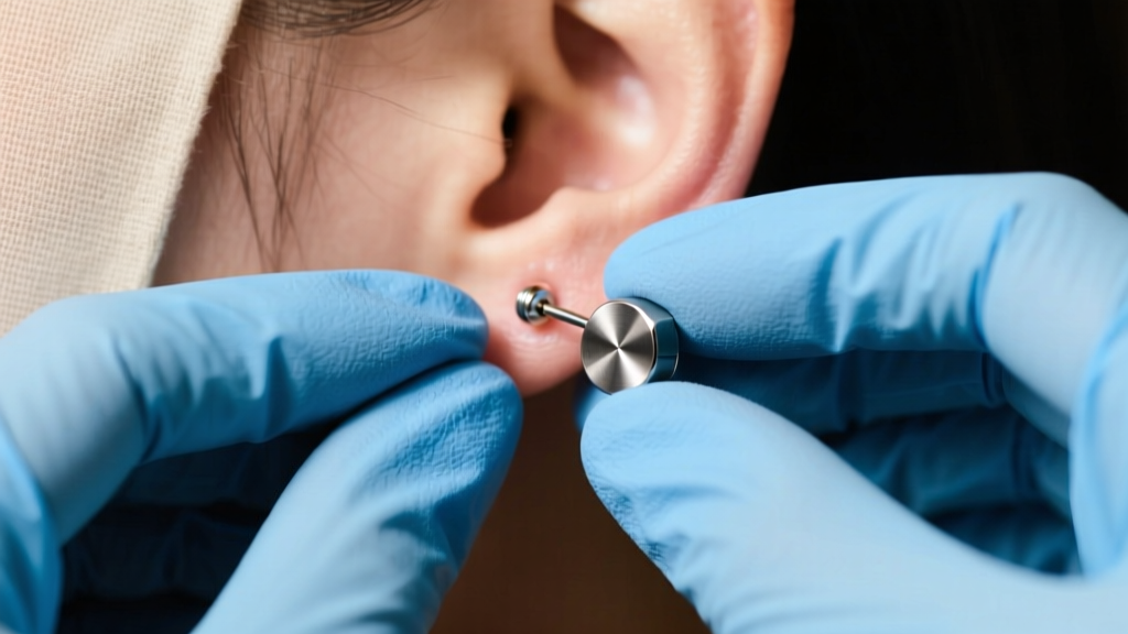 Hands in blue nitrile gloves gripping a 14-gauge titanium threadless flat back earring in a helix piercing under soft lighting.