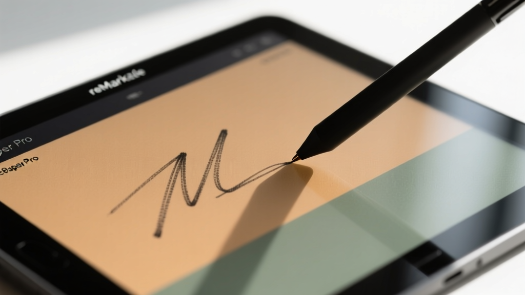 Stylus sketching on the reMarkable Paper Pro color e-ink display, highlighting the matte texture and zero screen glare.