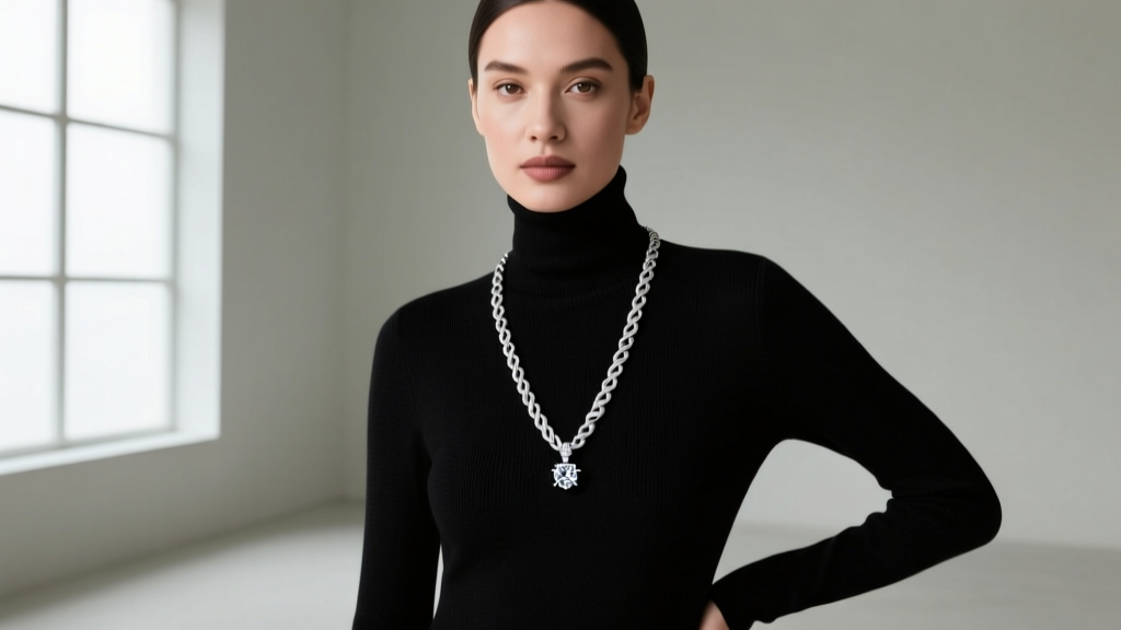 Woman wearing a 20-inch matinee length platinum rope chain with a bezel-set diamond pendant over a black turtleneck sweater.