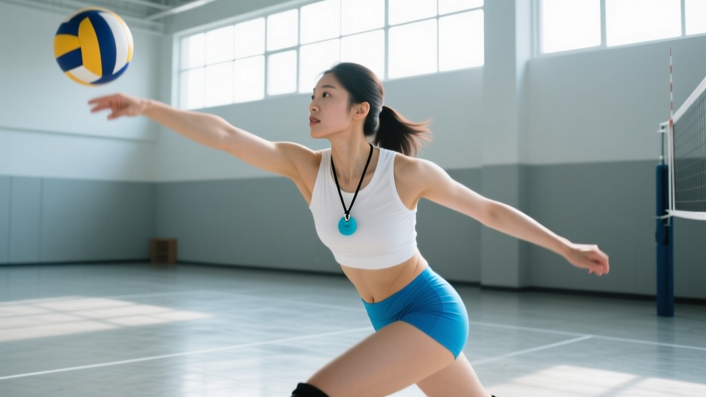 Female athlete wearing a minimalist silicone volleyball pendant on a black cord during a bright indoor practice session