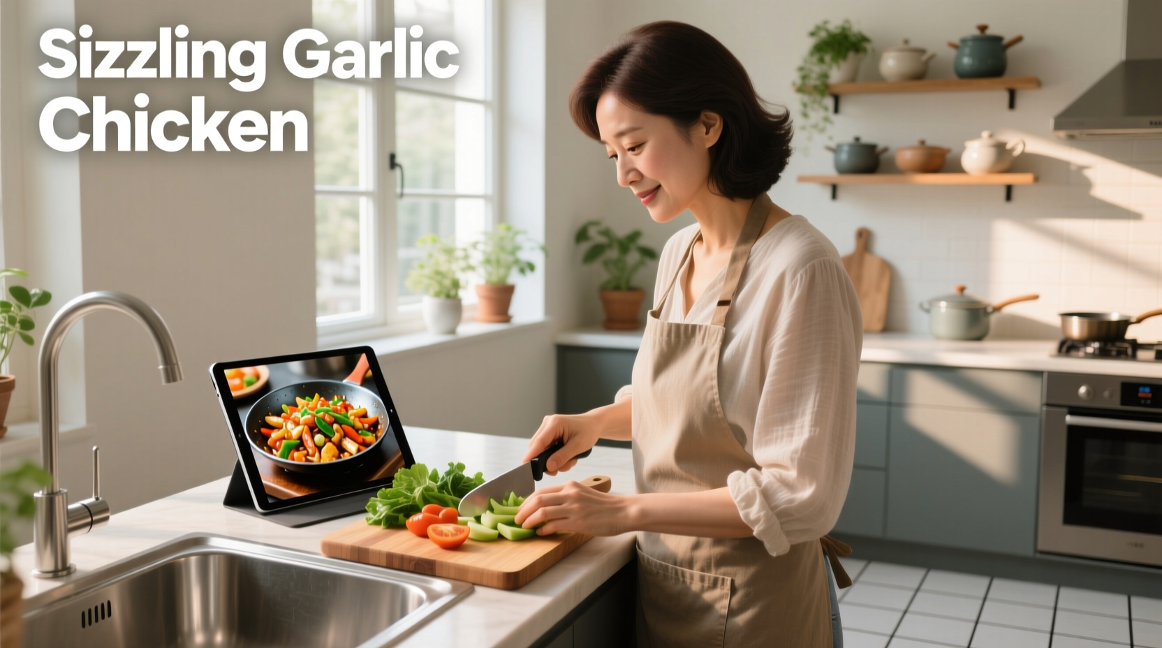 Woman watching cooking show on tablet while preparing meal