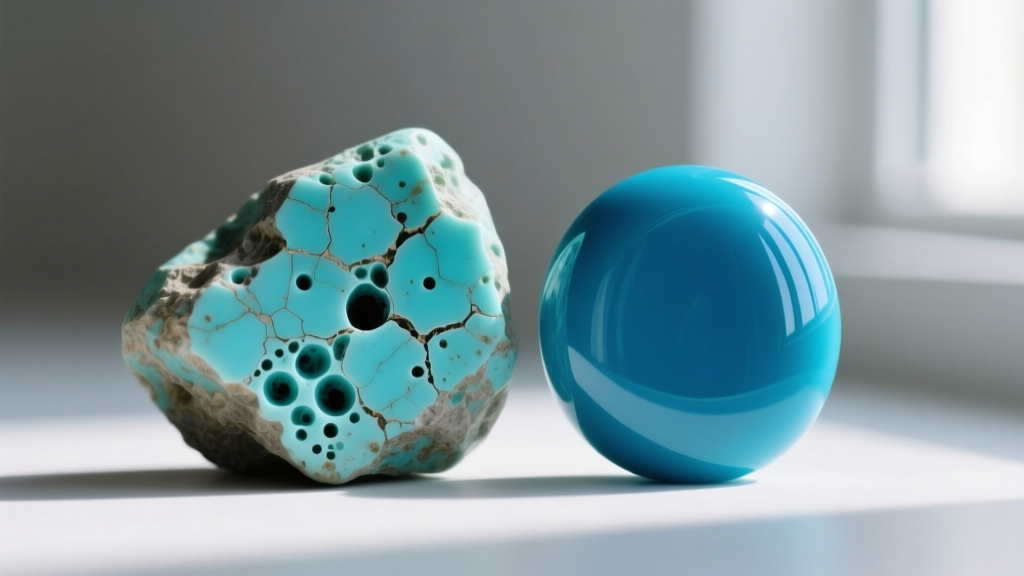 Macro shot of porous natural turquoise beside a glossy stabilized stone, highlighting surface texture and vivid color depth.