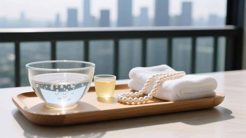 Balcony cleaning setup featuring a bowl of distilled water, mild soap, and a microfiber cloth resting next to a freshwater pearl necklace
