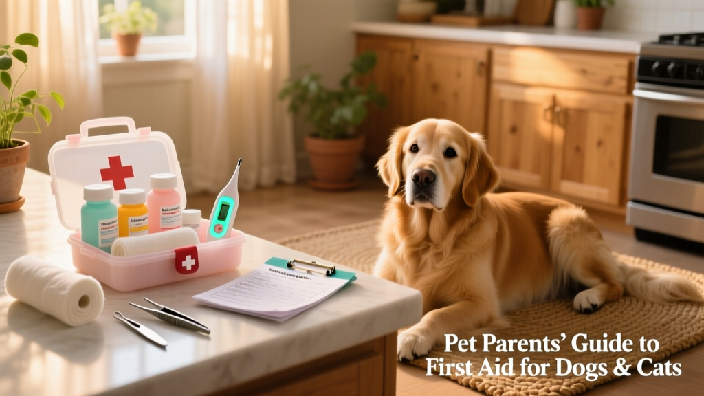 Well-organized pet first aid kit on a countertop, featuring labeled bottles, gauze, tweezers, and a digital thermometer beside a friendly golden retriever