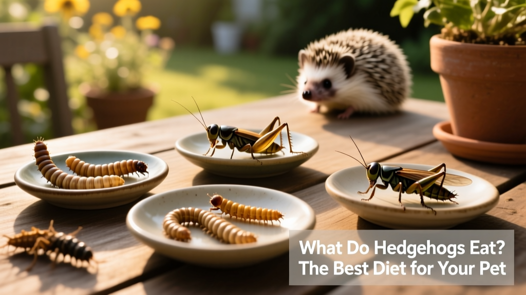 Assorted live and dried insects—mealworms, crickets, and soldier fly larvae—in separate shallow dishes