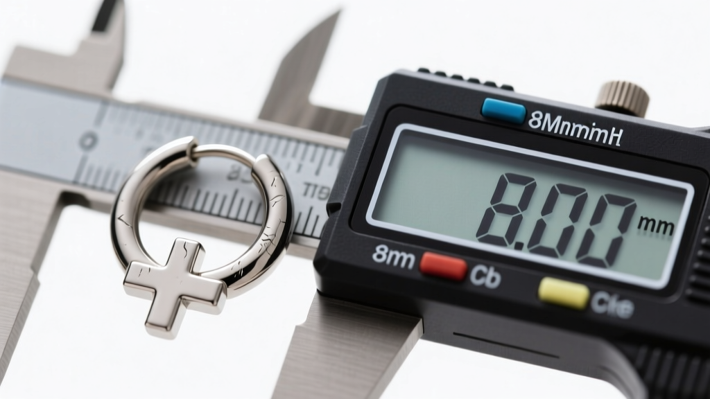 Macro shot of an 8mm titanium cross huggie earring resting on a digital caliper measuring inner diameter, bright white background.