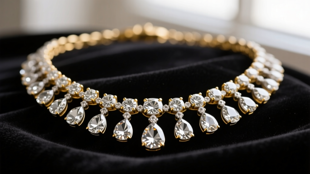 Close-up of an 1880s antique diamond rivière necklace on dark velvet, featuring Old Mine cut stones in silver-topped gold.