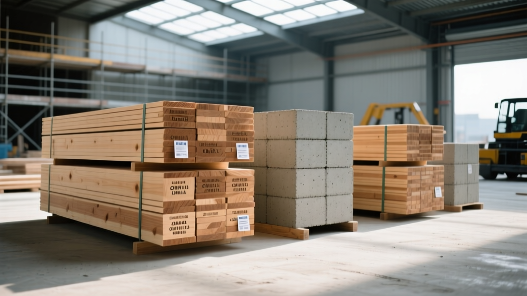 Commercial construction site showing stacked engineered lumber bundles and concrete masonry units with visible grade stamps and mill tags.