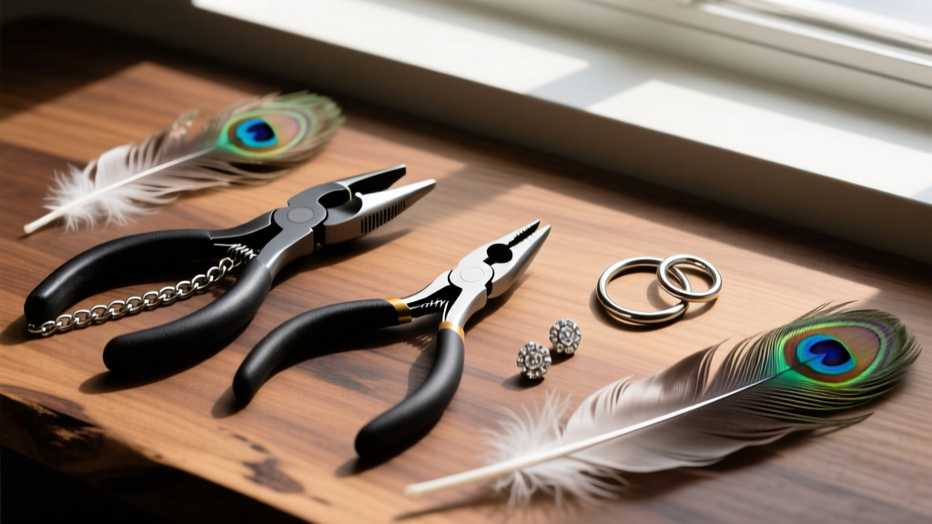 Flat lay of jewelry tools including flush cutters, chain-nose pliers, titanium ear wires, and natural guinea fowl feathers on wood