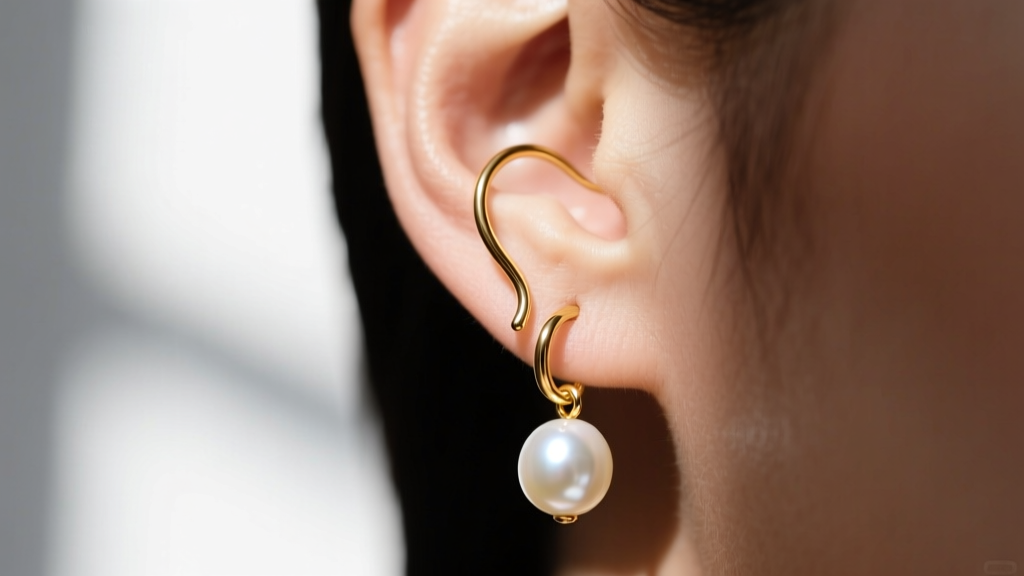 Close-up of a 20-gauge 14k gold French wire in a healed earlobe, highlighting the hook curve and a single 9mm pearl drop earring.