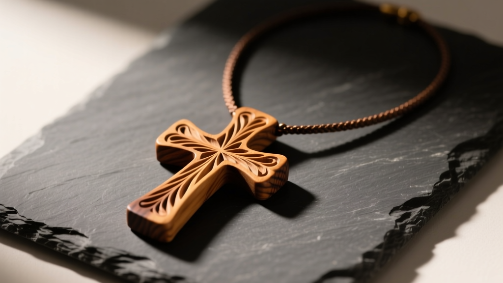 Carved olive wood cross necklace resting on dark slate, highlighting intricate natural wood grain and warm tones.