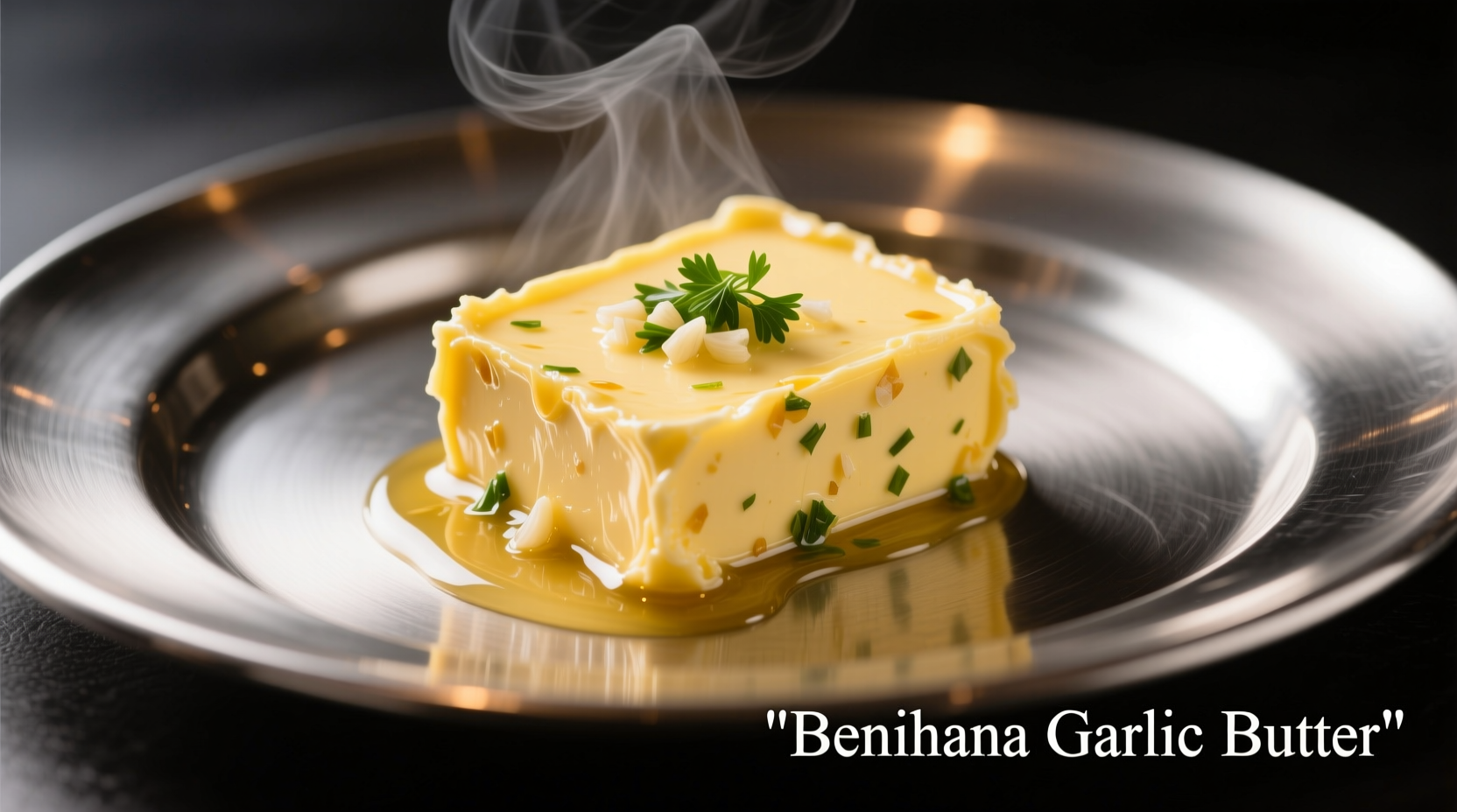 Freshly made Benihana garlic butter on chilled steel plate