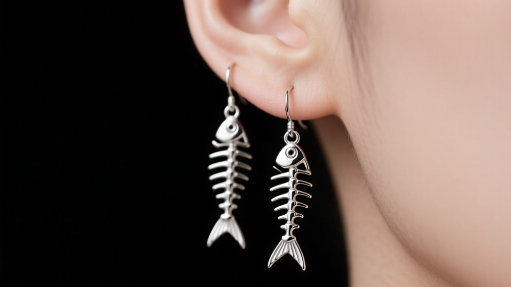 Silver fishbone earrings dangling from an earlobe, highlighting intricate articulated spine joints against a dark studio backdrop.