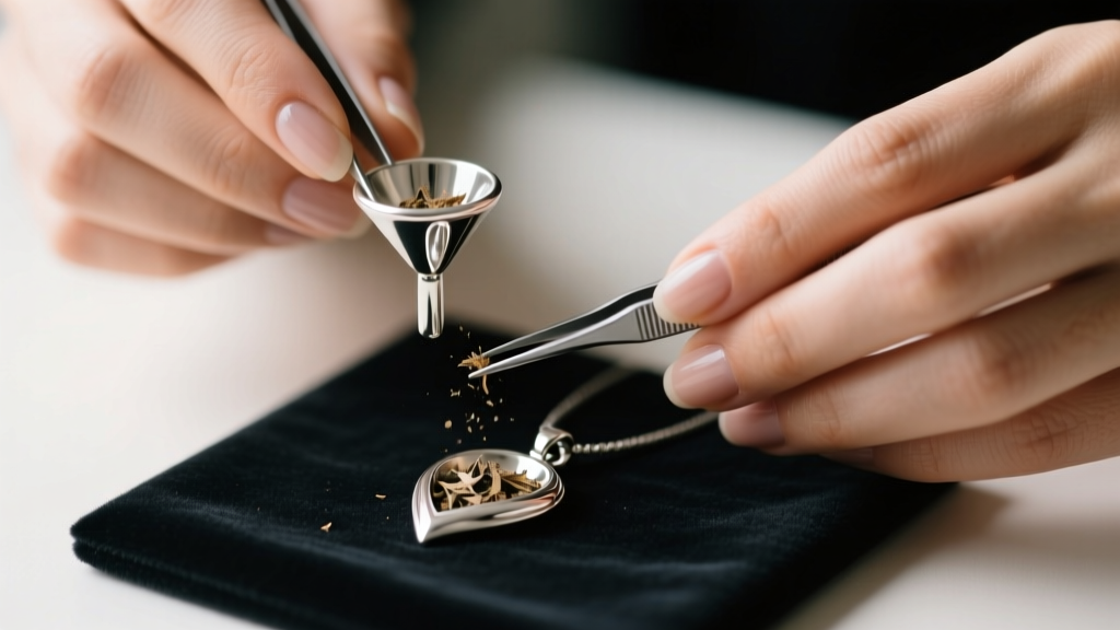 Close-up of hands using a miniature funnel and tweezers to fill a sterling silver pet ash pendant on a dark velvet mat, soft lighting.