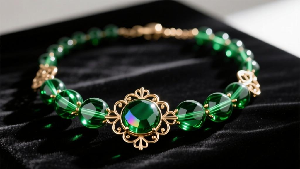 Close-up of an Art Deco vintage Czech glass necklace with emerald green molded beads and brass filigree clasps on dark velvet.