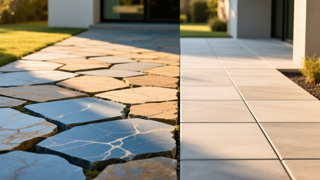 Split comparison of natural bluestone patio with irregular joints next to geometric concrete paver driveway in warm afternoon sunlight