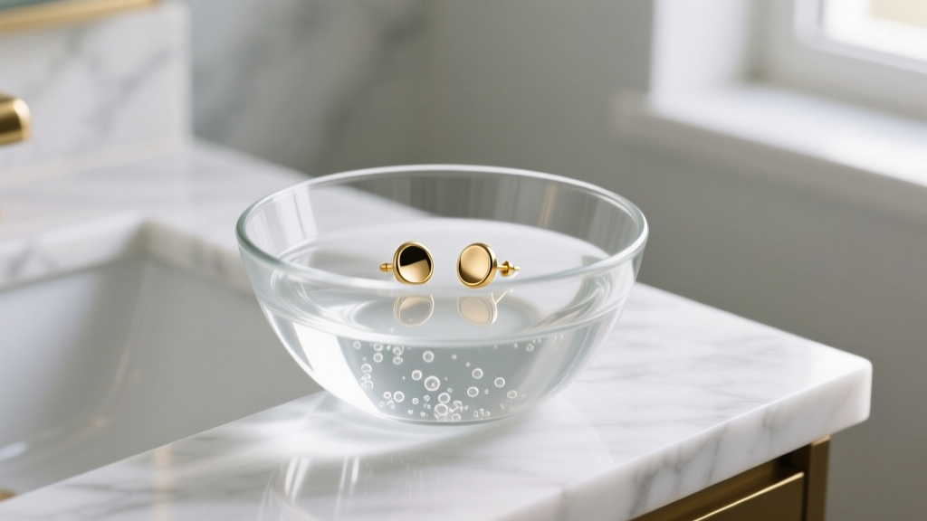 Glass bowl with sterile saline and gold flat-back sleeper earrings soaking, resting on a bright white marble bathroom vanity top.
