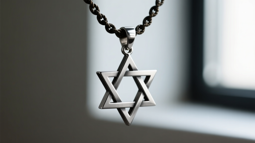 Macro shot of a 316L surgical steel inverted pentagram pendant with brushed matte finish, suspended on a dark oxidized rope chain.