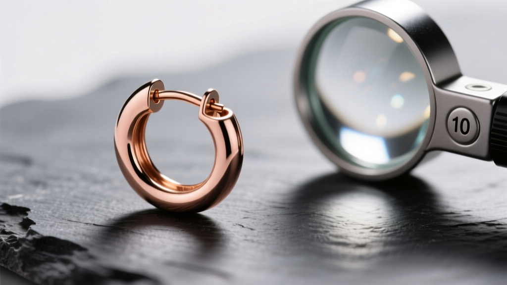 Macro shot of a 7.5mm rose gold huggie hinge, misaligned, resting on dark slate next to a jewelry loupe, soft studio lighting.