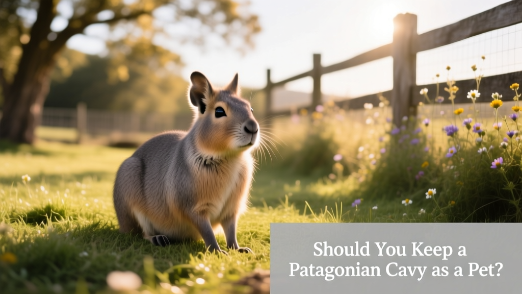 A relaxed Patagonian cavy sitting calmly on grass in a sunlit outdoor enclosure