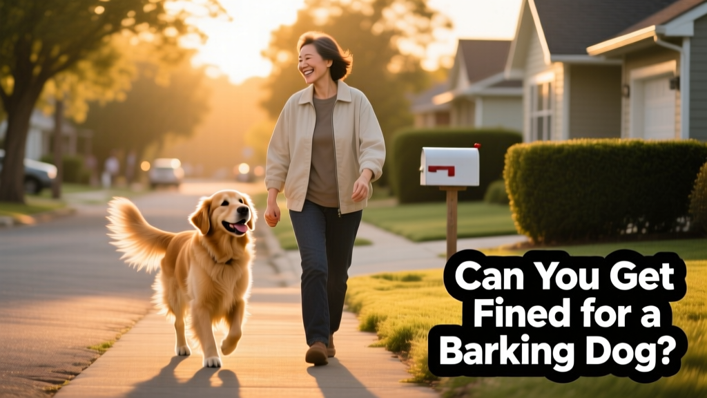 A happy dog and owner walking together on a quiet neighborhood street at sunset