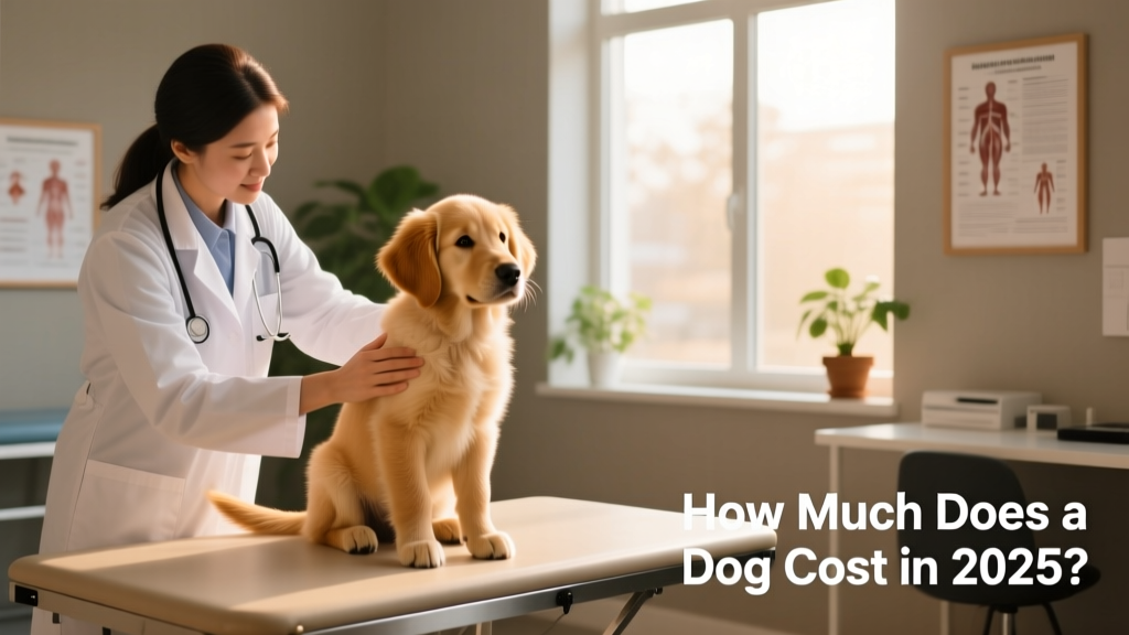 A veterinarian examining a calm, seated puppy during a wellness checkup