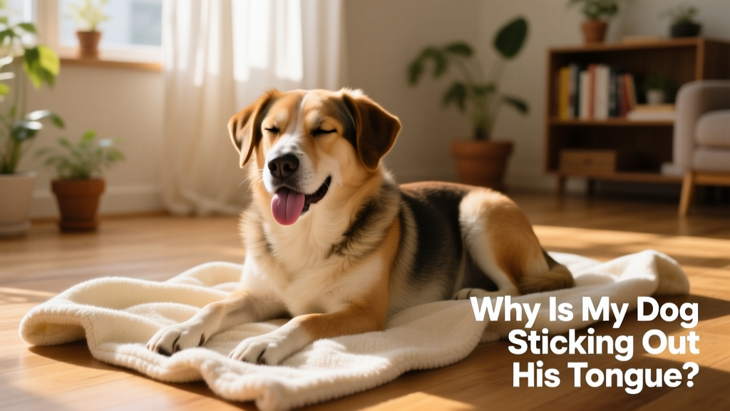 A relaxed dog with their tongue gently hanging out while resting on a soft surface