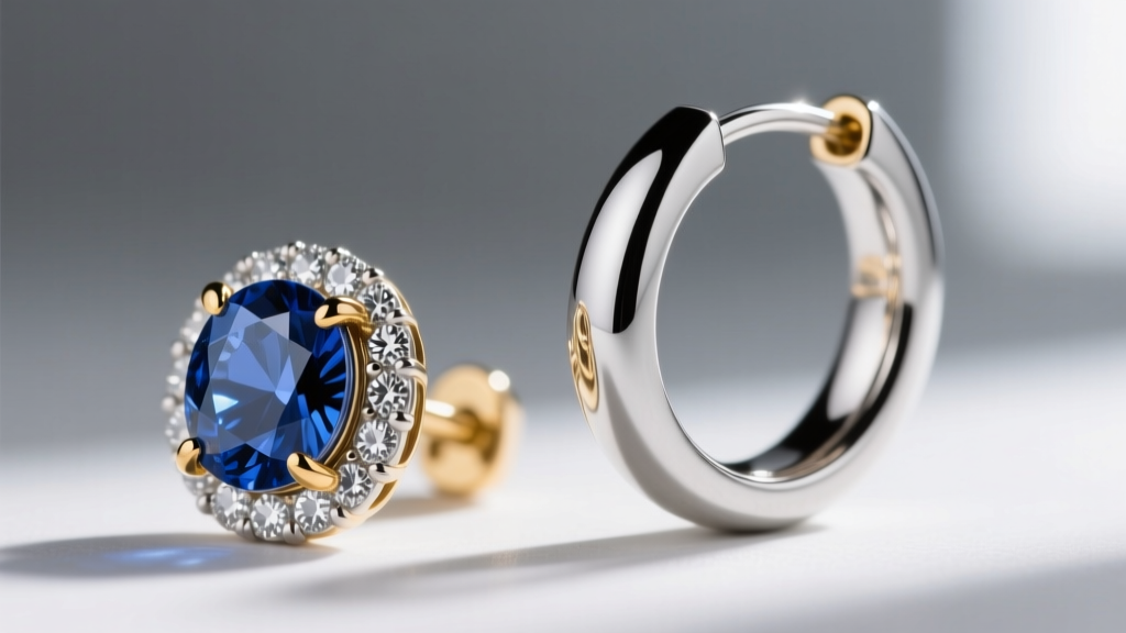 Macro shot comparing prong-set and bezel-set sapphire gem hoop earrings, highlighting metal coverage and light reflection on stone