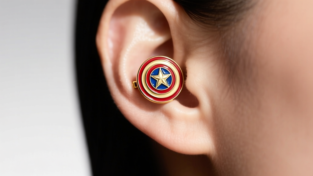 Close-up of an ear wearing a gold Captain America shield stud, soft lighting highlighting the blue and red hard enamel details