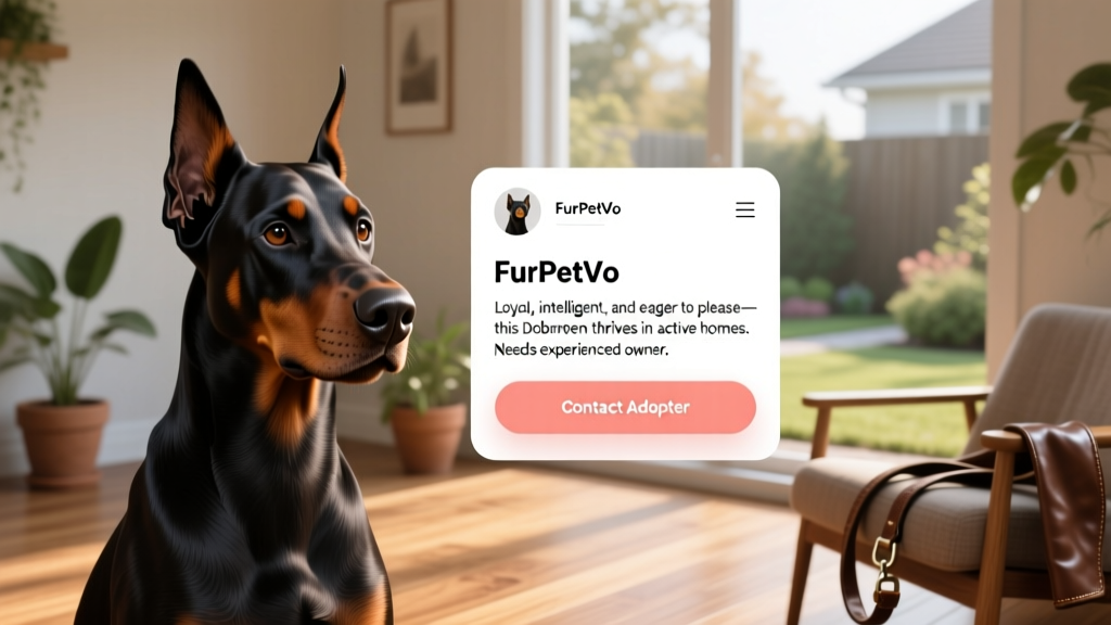 Screenshot-style mockup of a FurPetVo profile page showing a Doberman's photo, bio section, and 'Contact Adopter' button
