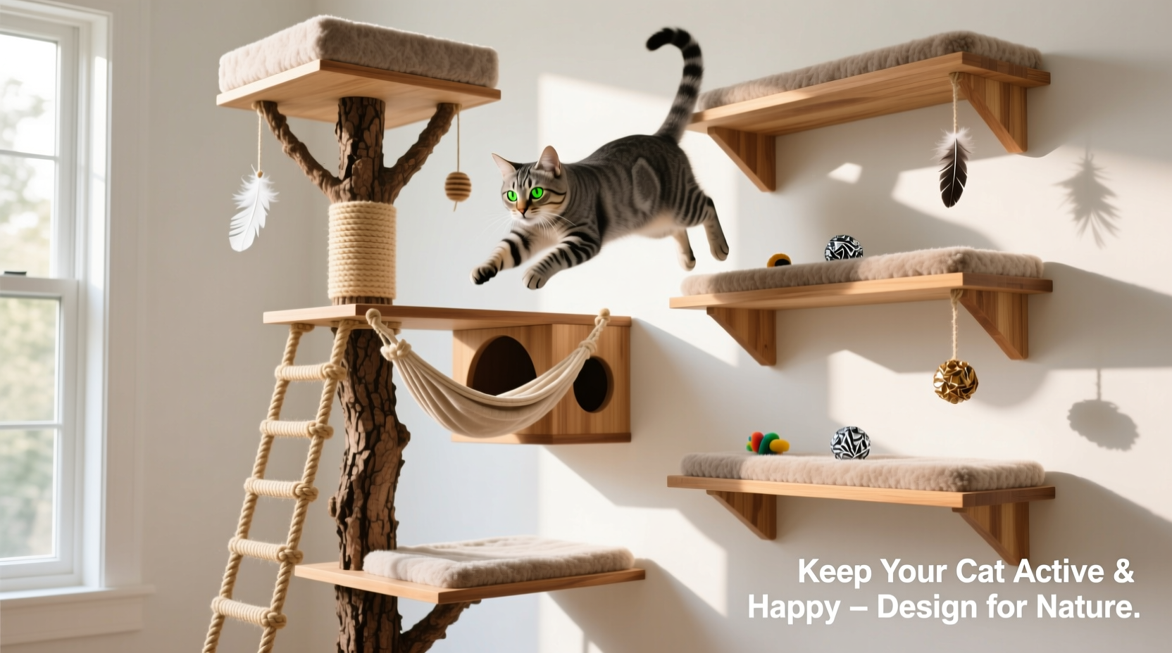 cat tree or wall shelves which keeps your feline more active and happy