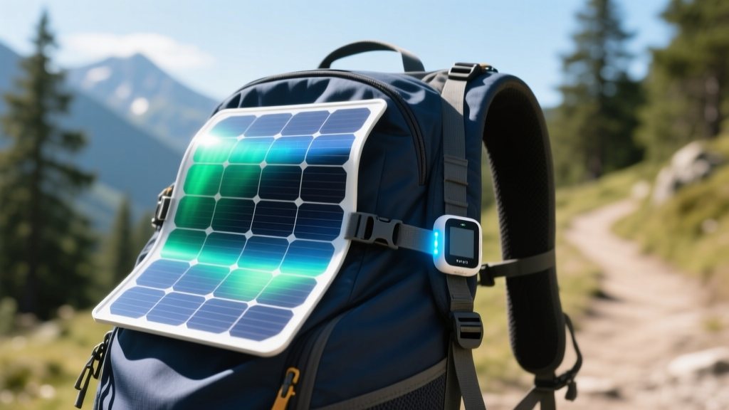 Close-up of a flexible perovskite solar panel wrapped around a hiking backpack, generating power for a wearable GPS tracker.