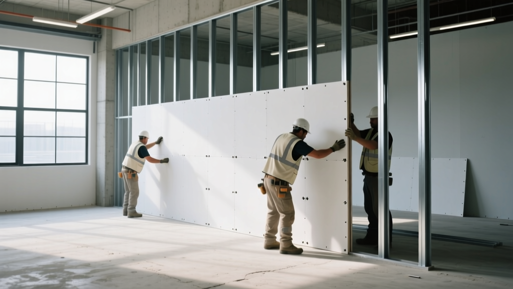 Commercial interior showing 25-gauge steel studs framed against concrete floors with workers attaching 5/8-inch Type X gypsum board