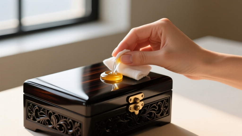 Hand applying clear microcrystalline paste wax to an ebony jewelry box using a soft lint-free cotton cloth in a well-lit room.