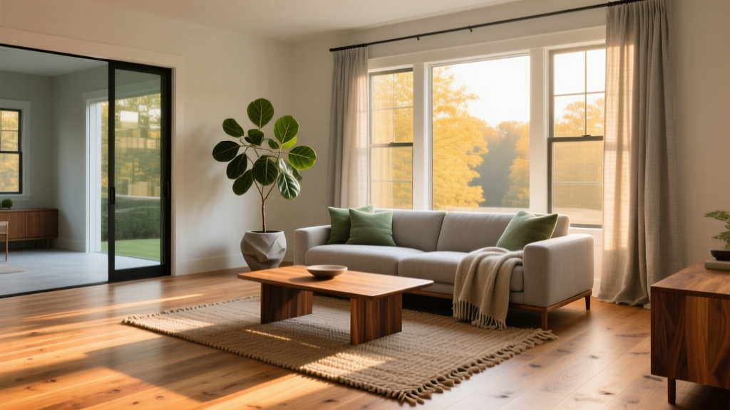 Sunlit Richmond Virginia living room featuring reclaimed heart pine flooring with a low-VOC matte finish and large energy-efficient windows