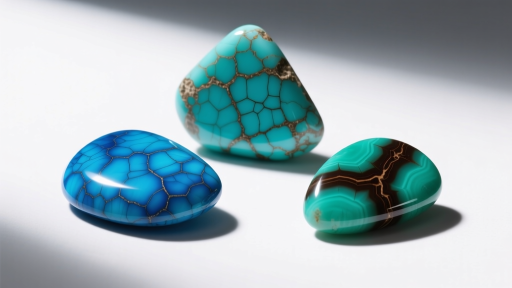 Close-up of three turquoise stones: Sleeping Beauty blue, Kingman webbed, and Bisbee cabochon showing dark brown matrix lines.