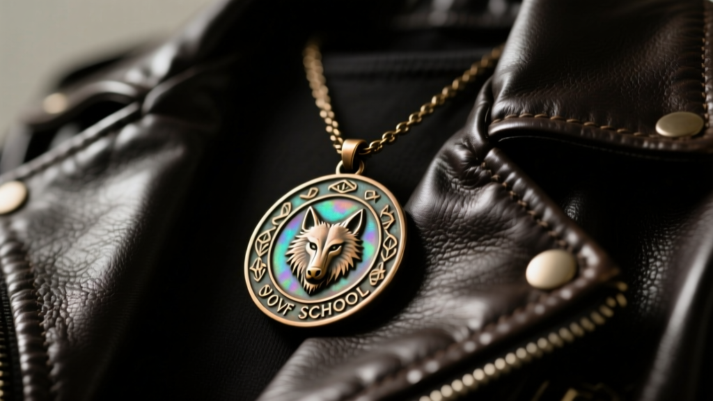 Close-up of a weathered silicon bronze Wolf School medallion necklace resting on a dark leather jacket, cinematic lighting