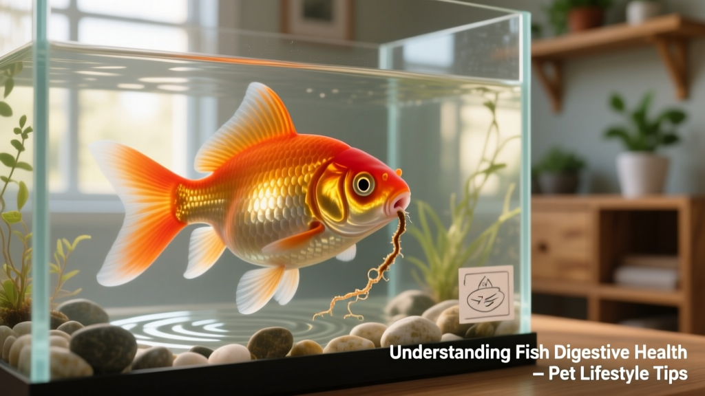 Close-up of a goldfish showing mild abdominal bloating and stringy feces trailing from the vent