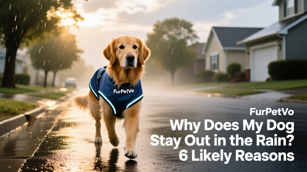A golden retriever confidently walking through light rain on a suburban street, wearing a lightweight FurPetVo rain vest